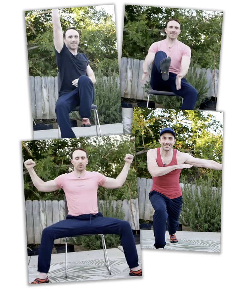 Quatre photos de JB pendant les séances Easy Gym : trois exercices assis sur une chaise, un exercice debout.