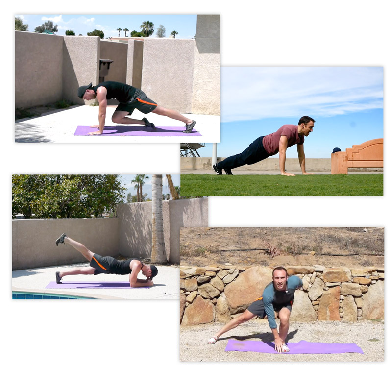 Quatre photos de JB pendant les séances FastGym : gainage, pompe, extension de jambe et fente, sur un tapis en extérieur.