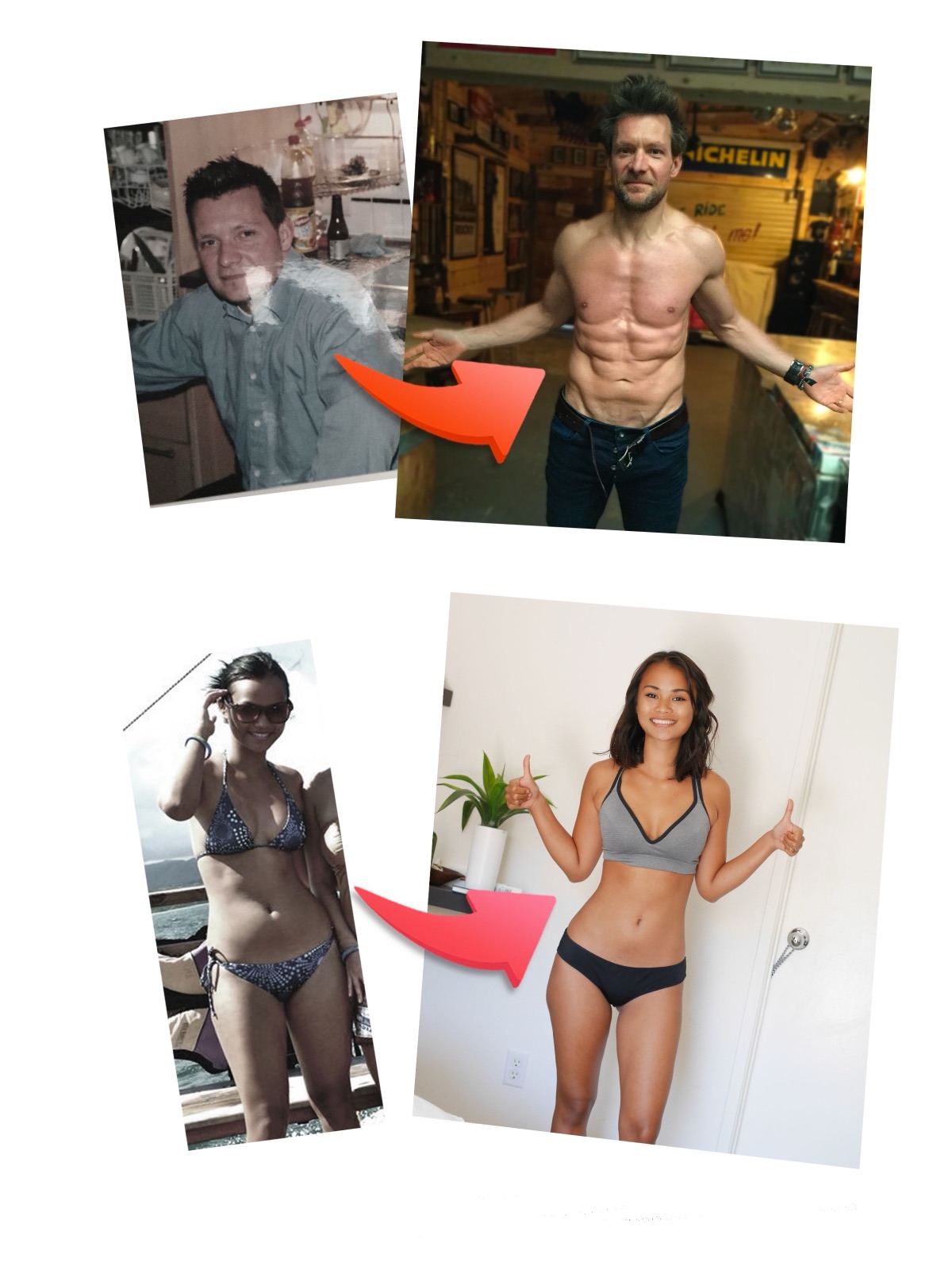 Deux transformations avant / après : un homme, puis une femme, plus minces et plus musclés après.